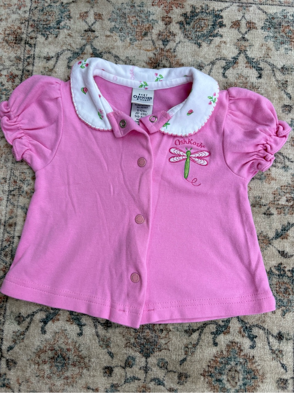 Vintage Oshkosh 0/3M Pink Short Sleeve Girls Shirt Dragonfly Print